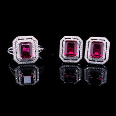 PREORDER | Red Ruby Emerald Halo Gemstones Diamond Jewelry Set 14kt
