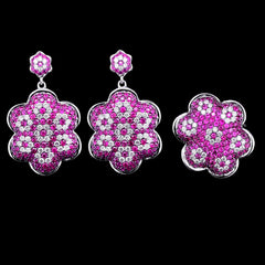 新 |粉红红宝石密镶装饰花卉悬垂钻石首饰套装 14 克拉