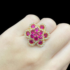 PREORDER | Golden Floral Pink Ruby Gemstones Statement Diamond Ring 14kt