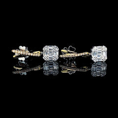 Two Tone Square Paved Diamond Dangling 14kt