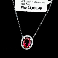Red Ruby  Oval Halo Gemstones Diamond Necklace 16-18” 18kt Chain