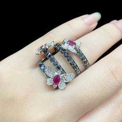 PREORDER | Statement Gemstones Butterfly Claws Deco Pink Rubies Black Diamond Jewelry Set 18kt