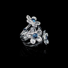 CLEARANCE BEST | Triple Floral Blue Colored Diamond Ring 14kt