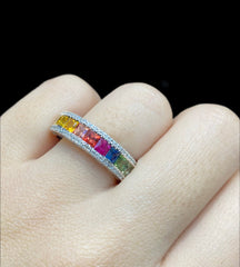 PREORDER | Rainbow Sapphire Gemstones Half Eternity Diamond Ring 14kt