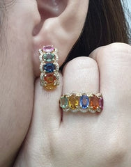 椭圆形彩虹蓝宝石和钻石首饰套装 14 克拉