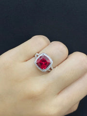 PREORDER | Cushion Red Ruby Paved Gemstones Diamond Ring 14kt