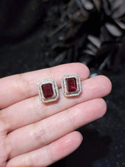 Red Ruby Emerald Halo Gemstones Diamond Earrings 14kt