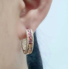 PREORDER | Rose Half Eternity Rainbow Sapphire Gemstones Hoop Diamond Earrings 14kt