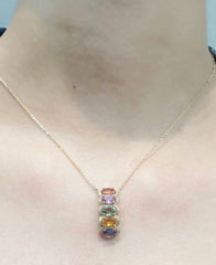 椭圆形彩虹蓝宝石钻石项链 16-18" 18kt 链条