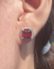투톤 레드루비 쿠션 다이아몬드 14k 귀걸이