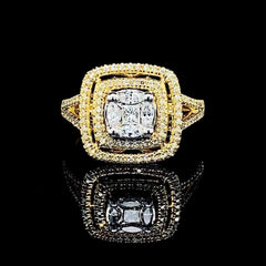 PREORDER | Golden Cushion Halo Paved Band Invisible Settings Diamond Ring 14kt