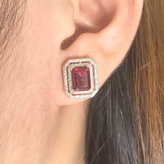 Red Ruby Emerald Halo Gemstones Diamond Earrings 14kt