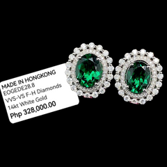椭圆形绿色祖母绿装饰钻石耳环 14 克拉