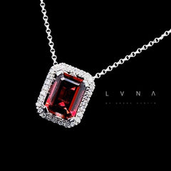 PREORDER | Red Ruby Emerald Halo Gemstones Diamond Necklace in 16-18” 18kt Chain