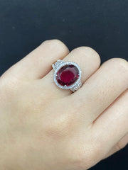 PREORDER | Oval Deco Paved Red Ruby Gemstones Diamond Ring 14kt