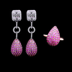 PREORDER | Pink Ruby Paved  Briollette Shape Drop Dangling Gemstones Diamond Jewelry Set 18kt