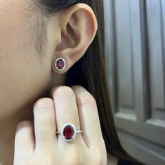 Red Ruby Oval Halo Full Gemstones Diamond Jewelry Set 14kt