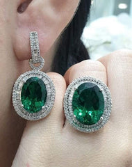 椭圆形绿色祖母绿长方形镶嵌钻石首饰套装 14 克拉