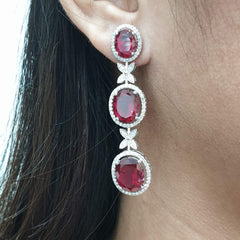 Red Ruby Oval Dangling Gemstones Diamond Earrings 14kt