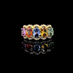 椭圆形彩虹蓝宝石和钻石戒指 14kt