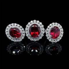 PREORDER | Oval Red Ruby Gemstones Diamond Halo Diamond Jewelry Set 14kt