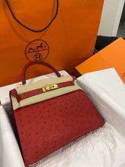 Hermes Rouge Vif Ostrich Sellier Kelly 28 Gold Hardware