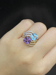 双色紫水晶和黄玉宝石交叉钻石戒指 14 克拉