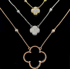 Multi-Tone Floral Clover Layered Diamond Necklace 14kt