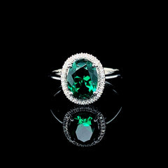 PREORDER | Oval Green Emerald Halo Gemstones Diamond Ring 14kt