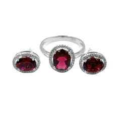 Red Ruby Oval Halo Full Gemstones Diamond Jewelry Set 14kt