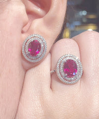 Red Ruby Oval Halo Gemstones Diamond Jewelry Set 14kt