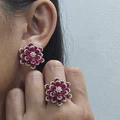 Burmese Ruby Floral Gemstones Diamond Jewelry Set 18kt