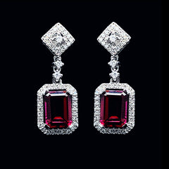 Red Ruby Dangling Gemstones Diamond Earrings 14kt