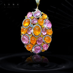 LVNA 시그니처 에스테이트 핑크 &amp; 오렌지 오팔라이트 옐로우 다이아몬드 클러스터 브로치 펜던트 18kt