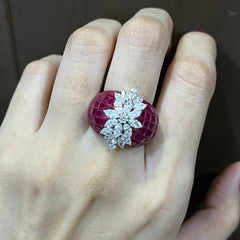 Floral Red Ruby Invisible Setting Gemstones Diamond Ring 14kt