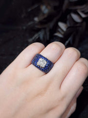 #LVNA선물 | 유니섹스 스퀘어 바게트 블루 사파이어 젬스톤 다이아몬드 링 14kt