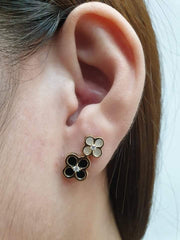 PREORDER | Golden Floral Mother of Pearl & Onyx Clover Stud Gemstones Diamond Earrings 14kt