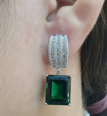 大号绿色祖母绿长方形钻石耳环 14kt