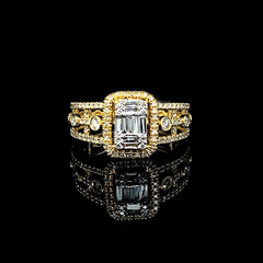 PREORDER | Golden Emerald Halo Cathedral Diamond Ring 14kt