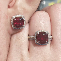 PREORDER | Multi-Tone Red Ruby Cushion Gemstones Diamond Jewelry Set 14kt