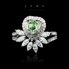 LVNA Signatures 3.01cts Rare Fancy Green Heart Gemstones Diamond Ring 18kt