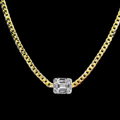 5년 | 인비저블 세팅 에메랄드 다이아몬드 센터 바 솔리드 골드 체인 다이아몬드 목걸이 18kt