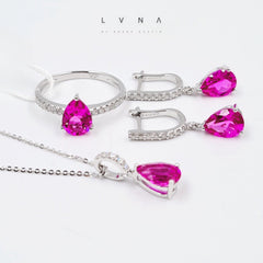 5년 | 핑크 루비 젬스톤 티어드롭 전체 다이아몬드 주얼리 세트 14kt