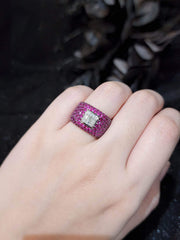 PREORDER | Square Baguette Red Ruby Gemstones Diamond Ring 14kt