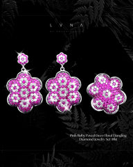 신규 | 핑크 루비 파베 데코 플로럴 댕글링 다이아몬드 주얼리 세트 14kt