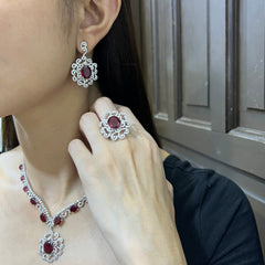 Red Ruby Floral Grand Full Gemstones Diamond Jewelry Set 14kt