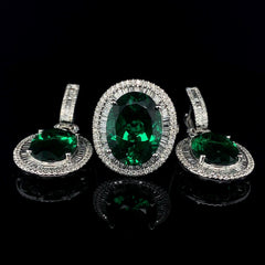 PREORDER | Oval Green Emerald Baguette Paved Gemstones Diamond Jewelry Set 14kt