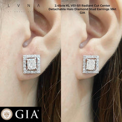 PREORDER | 2.45cts Radiant Cut Center Detachable Halo Solitaire Stud Diamond Earrings GIA Certified