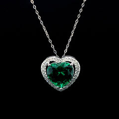 Large Heart Green Emerald Nano Gemstones Diamond Necklace 16-18" 18kt