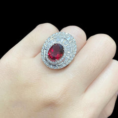 PREORDER | Oval Red Ruby Baguette Gemstones Diamond Ring 14kt